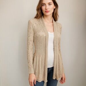LaSeine Open Knit Crochet Beige Cardigan Size Small Boho Hippie  Layering